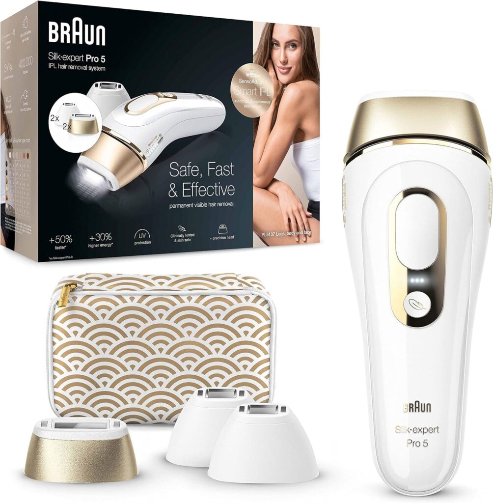 L'épilateur lumière pulsée Braun silk expert pro 5 PL5137MN et ses accessoires fournis dans le pack