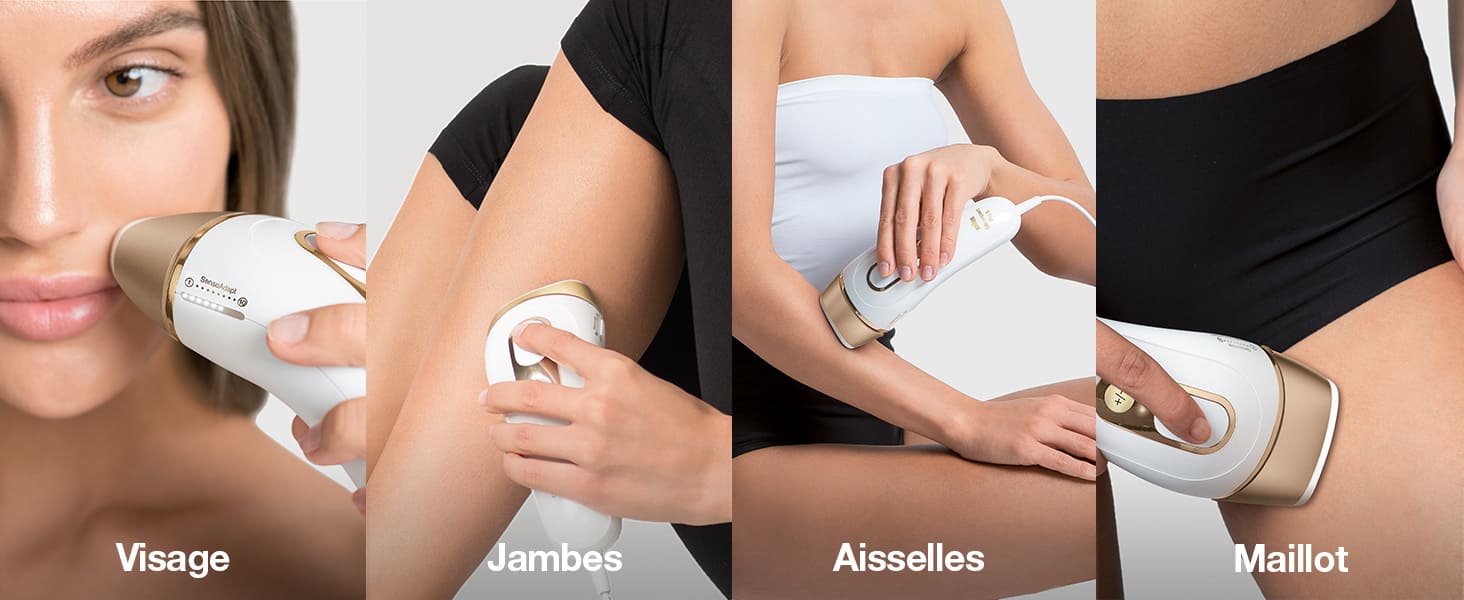 Jeune femme qui utilise l'épilateur lumière pulsée IPL Braun silk expert pro 5 PL5137MN sur le visage, les jambes, les aisselles et le maillot